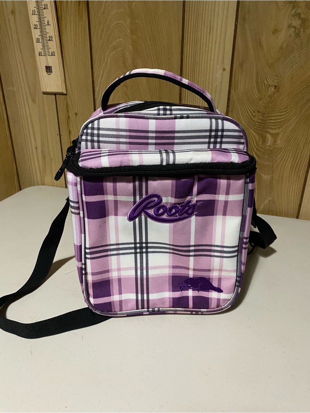 Roots Purple & Pink Plaid Crossbody Lunch Bag